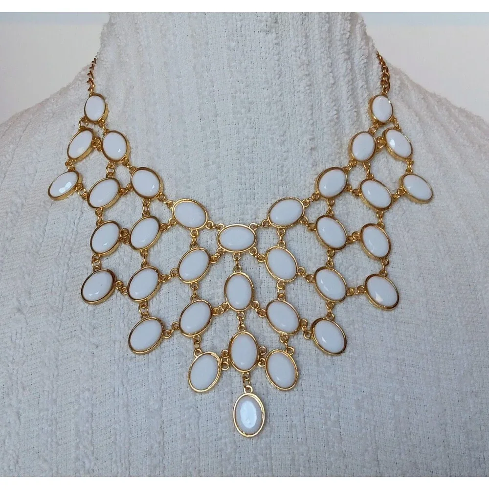 Vintage White Cabochon Bib Necklace Gold Tone Statement Necklace 16-19 in
